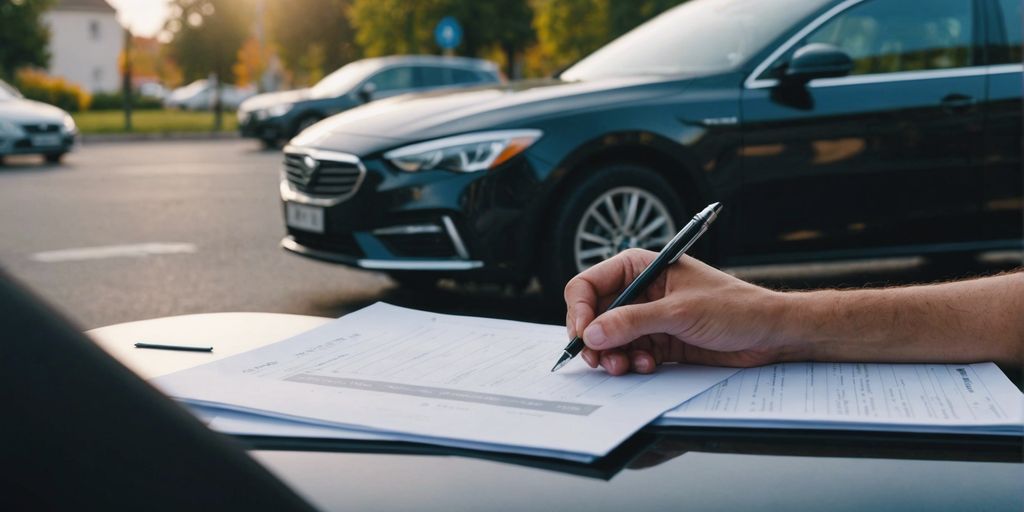 Voiture moderne avec document financier et stylo, représentant le processus de demande de prêt automobile 2024.