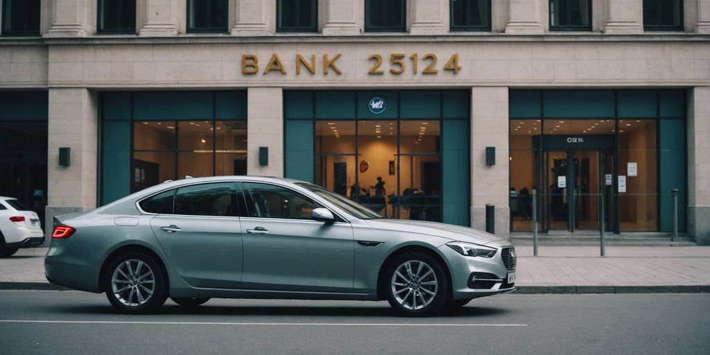 Voiture moderne devant une banque avec calendrier 2024, représentant le processus de demande de prêt automobile en 2024.