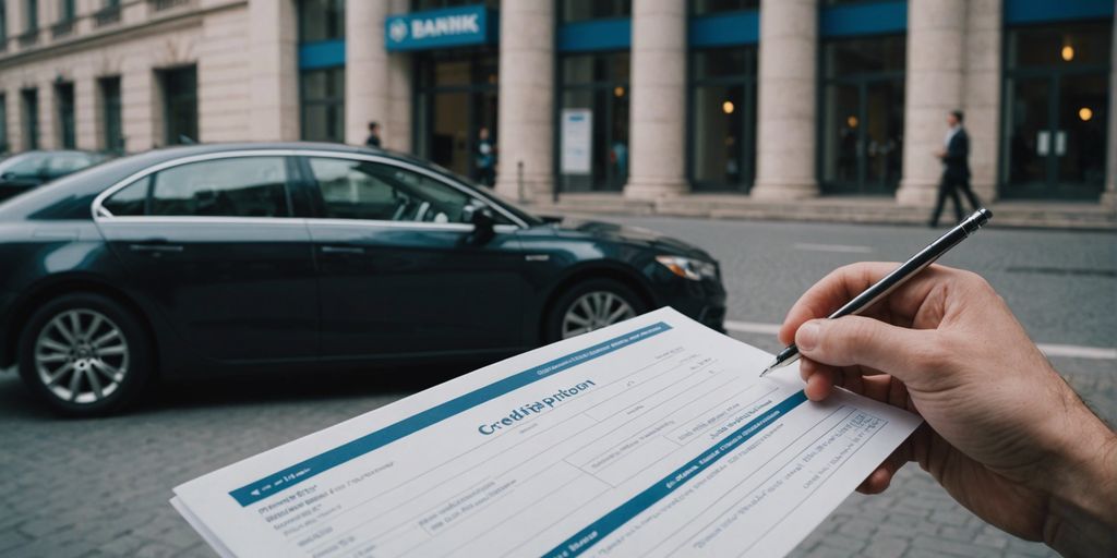 Person holding credit application form in front of a bank and a modern car, representing auto loan application in 2024.