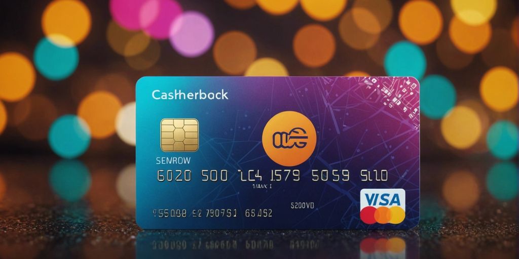 Carte de crédit avec symbole de cashback, entourée de récompenses et d'icônes de croissance financière.