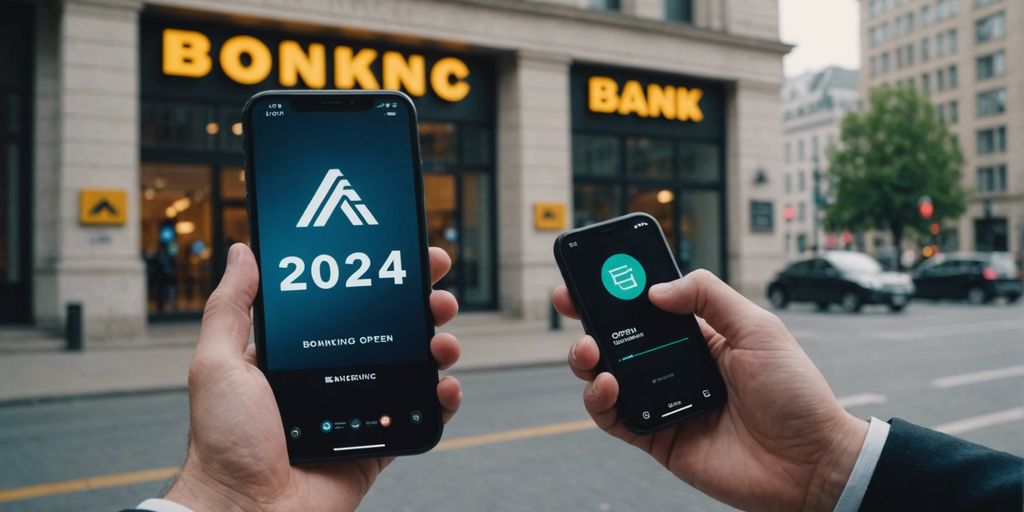 Personne utilisant une application bancaire sur un smartphone devant le bâtiment de la banque avec le panneau 2024, symbolisant la création facile d'un compte bancaire.