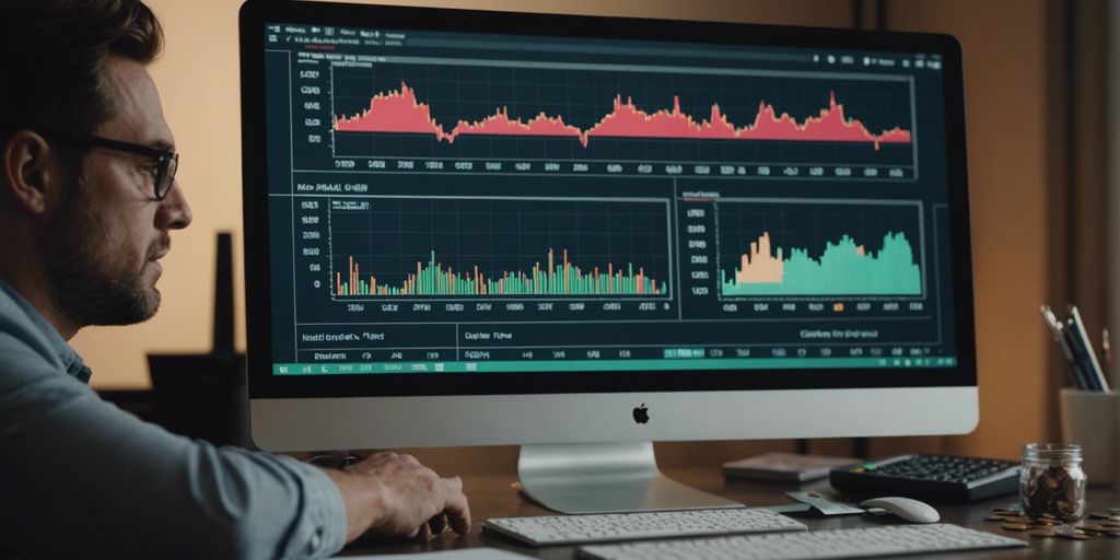 Personne analysant des graphiques financiers sur un ordinateur avec une tirelire et des pièces de monnaie, représentant la planification d'un compte d'épargne.